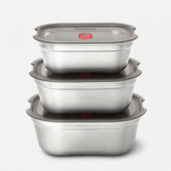 Комплект 3 бр кутии за храна Black+Blum Meal Prep FBSS-BX-PACK1, 0.6/0.9/1.2 l, Правоъгълна, Подходяща за фурна, Без BPA, Неръждаема стомана, Сив/Червен