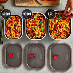 Set of 3 Black+Blum Meal Prep Food Containers FBSS-BX-PACK1, 0.6/0.9/1.2 L, Rectangular, Oven-safe, BPA-free, Stainless steel, Gray