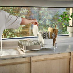 Uscator de vase Joseph Joseph Extend 851692, Extensibil, Drenaj, Suport ustensile si tacamuri detasabil, Sampanie/Alb