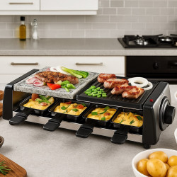 Gratar raclette Techwood TRGP-896, 1200W, Termostat, 8 mini raclette, Protectie dubla, Negru