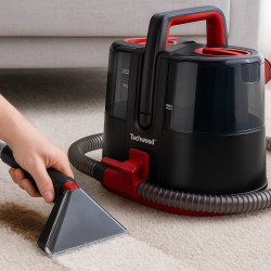 Aspirator pentru covoare si tapiterii Techwood TAN-6055, 600W, Rezervor de apa curata si reziduala, Negru/Rosu