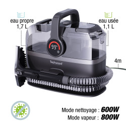 Techwood TAN-7066V Multifunkciós gőz- és porszívó, 600/800W, tisztító- és szennyvíztartály, 3 üzemmód, digitális kijelző, sötétszürke színben.