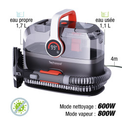 Techwood TAN-7055V Πολυλειτουργικός ατμοκαθαριστής και ηλεκτρική σκούπα, 600/800W, δεξαμενή καθαρού και άχρηστου νερού, 3 λειτουργίες, ψηφιακή οθόνη, σκούρο γκρι/πορτοκαλί