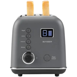 Prajitor de paine BUYDEEM DT730E, 900W, 2 felii, 9 programe automate, 9 trepte de prajire, Carcasa din otel inoxidabil, Afisaj LCD, Indicatori LED, Auto-centrare, Timer, Gri