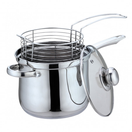 Kinghoff KH 4581 Frying Pan with Basket, 3.6 L, 18 cm, Glass Lid, Multi-layer Bottom, Induction Compatible, Stainless Steel