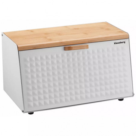 Cutie pentru paine Klausberg KB 7468, 35.5 cm, Otel, Bambus, Capac superior si frontal, Alb