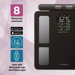 Cantar analizator Klausberg KB 7856, Pana la 180 kg, Bluetooth, Android/iOS, Ecran LCD, 14 valori corporale, Negru