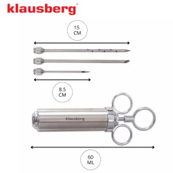 Спринцовка за мариноване на месо Klausberg KB 7842, 60 мл, 3 игли, Неръждаема стомана, Без BPA, Сребрист