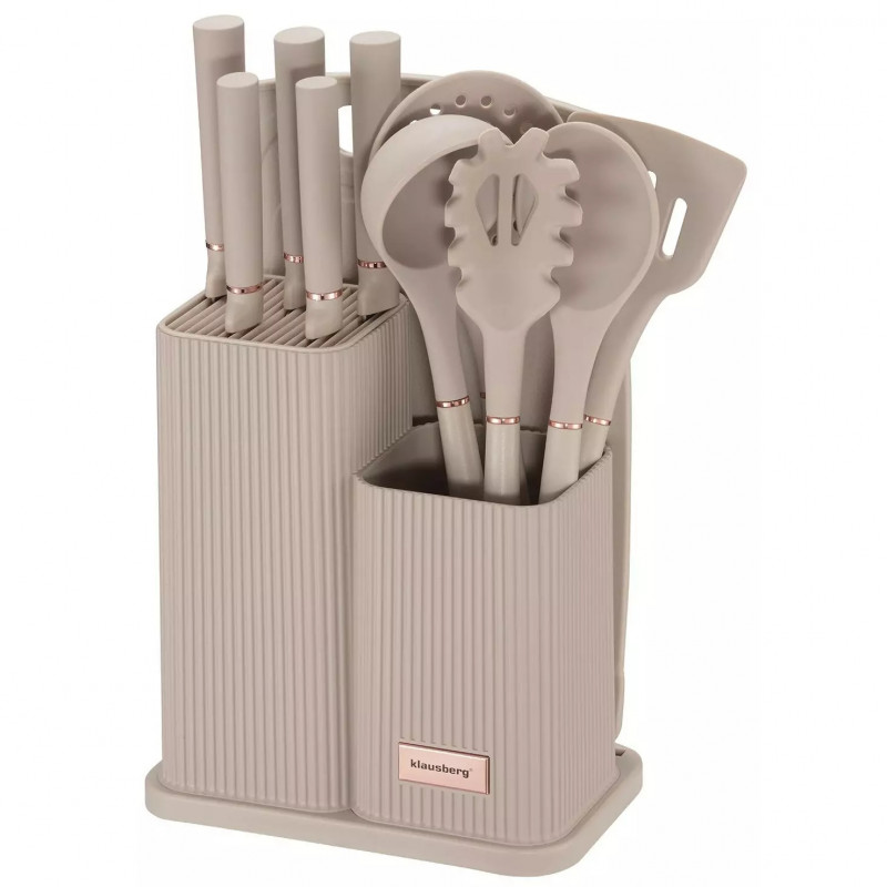 Set cutite si ustensile Klausberg KB 7935, Tocator si suport, 12 piese, Bej
