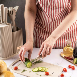 Комплект ножове и прибори Klausberg KB 7935, Дъска и стойка, 12 части, Бежов