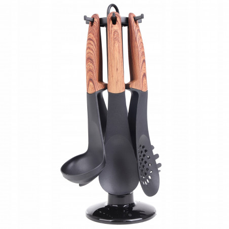 Комплект кухненски прибори с поставка Royalty Line RL-U03, 7 части, Полипропилен, До 210C, Без PFOA, Черен