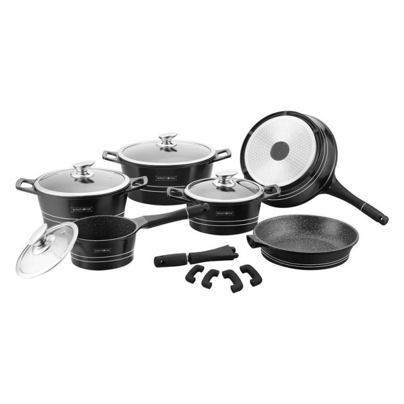 Royalty Line RL-ES1014M Black Cookware Set, Cast Aluminum, 14 Pieces, Marble Finish, Black