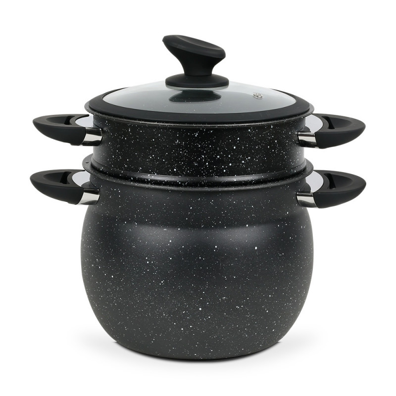 Oala pentru gatit la aburi Royalty Line RL-CP6LM, 20 cm, 6 litri, 3 piese, Finisaj marmura, Inductie, Negru