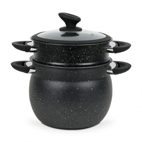 Oala pentru gatit la aburi Royalty Line RL-CP6LM, 20 cm, 6 litri, 3 piese, Finisaj marmura, Inductie, Negru