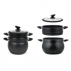Oala pentru gatit la aburi Royalty Line RL-CP6LM, 20 cm, 6 litri, 3 piese, Finisaj marmura, Inductie, Negru