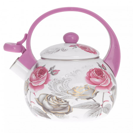 Kinghoff KH 1911 Whistling Teapot, 2 L, Enamel, Heat-Insulated Handle, Induction-Compatible, White/Pink