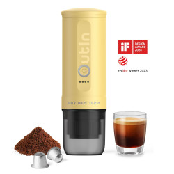 Espressor portabil BUYDEEM Outin Nano OTEM-01, 7500 mAh, 20 bar, 50 ml, 12/24V, Incarcare USB Type-C, Cafea macinata si capsule, Galben