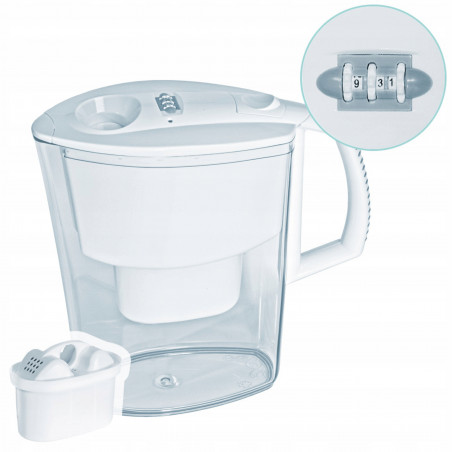Ulcior de apă cu filtru Aquaselect B18, 2,5 l, Bază antiderapantă, Filtru cu rășini schimbătoare de ioni și carbon activ, Alb