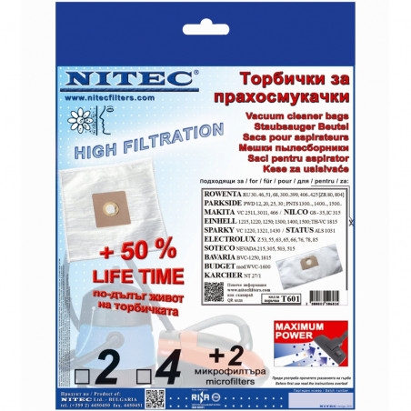 Saci pentru aspirator Nitec T601, 3 buc, durată de viață cu 50% mai mare, Transparent/alb