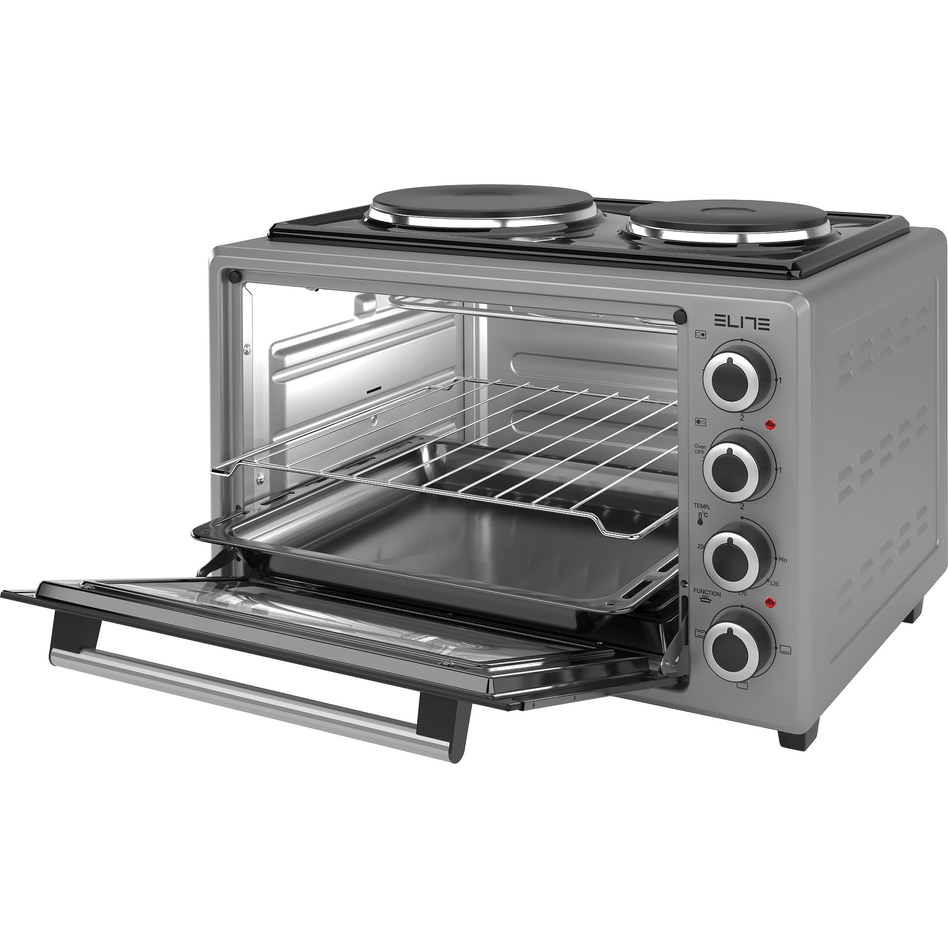 Cuptor electric cu 2 plite Elite EMO-38302G, 1800W, 38 l, 3 functii, Sticla dubla, Termostat, Timer, Inox