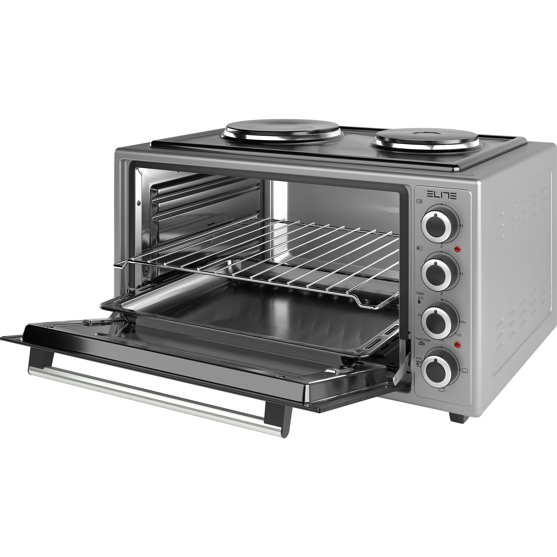 Cuptor electric cu 2 plite Elite EMO-48302G aragaz mic, 2000W, 48 L, 3 functii, Sticla dubla, Termostat, Timer, Inox