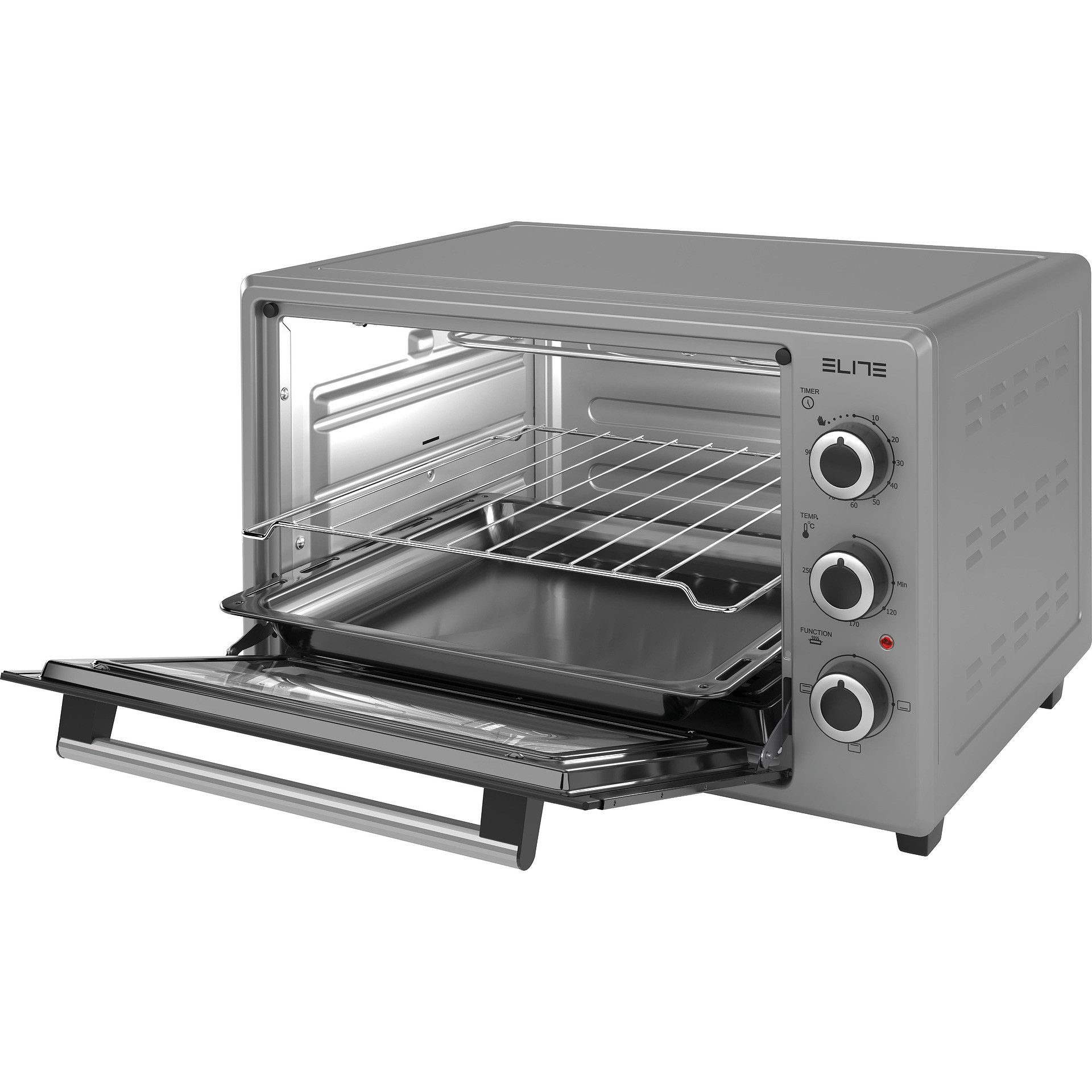 Мини фурна Elite EMO-38300G, 1800W, 38 л, 3 функции, Двойно стъкло, Поцинкована вътрешност, Скрит долен нагревател, Термостат, Таймер, Сив