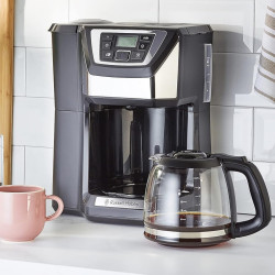 Кафемашина с вградена мелачка Russell Hobbs Victory Grind & Brew 22000-56, 1025W, 1.5 л, 250 гр, 12 чаши, Таймер, Вграден филтър, Черен/инокс