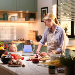 Електрическа кана Russell Hobbs Calm Kettle 27450-70, 2400W, 1.7 л, 40-100°C, Quiet Boil, Сензорни бутони, Звукови сигнали, 6 променящи се цветове, Защити, Без BPA и PFAS, Бял/златист