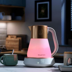 Електрическа кана Russell Hobbs Calm Kettle 27450-70, 2400W, 1.7 л, 40-100°C, Quiet Boil, Сензорни бутони, Звукови сигнали, 6 променящи се цветове, Защити, Без BPA и PFAS, Бял/златист