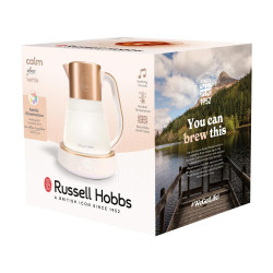 Електрическа кана Russell Hobbs Calm Kettle 27450-70, 2400W, 1.7 л, 40-100°C, Quiet Boil, Сензорни бутони, Звукови сигнали, 6 променящи се цветове, Защити, Без BPA и PFAS, Бял/златист