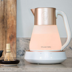 Βραστήρας Russell Hobbs Calm 27450-70, 2400W, 1,7 l, 40-100°C, Αθόρυβο βράσιμο, Κουμπιά αφής, Ηχητικές ειδοποιήσεις, 6 εναλλασσόμενα χρώματα, Προστασία, χωρίς BPA και PFAS, Λευκό/χρυσό