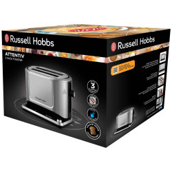 Prajitor de paine Russell Hobbs Attentiv 26210-56, 1640W, 2 felii, 6 trepte, Centrare, Control tactil, LED, Depozitare, Fara BPA si PFAS, Inox/Negru