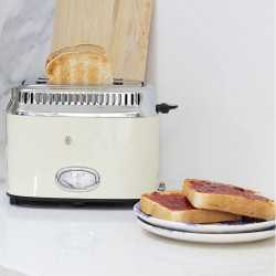 Prajitor de paine Russell Hobbs Retro Vintage Cream 21682-56, 1300W, 2 felii, 6 trepte, Indicator retro, Lift & Look, Quick Toast, Cream/Inox