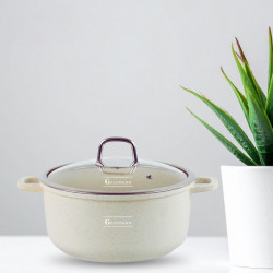 Cratita Goldmann GM-0320B, 2.3 l, 20 cm, Acoperire neaderenta din marmura, Capac sticla, Inductie, Bej
