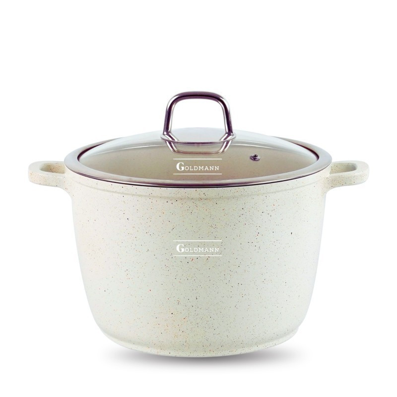 Oala adanca Goldmann GM-0624B, 24 cm, 6.2 l, Acoperire neaderenta din marmura, Capac cu deschidere, Inductie, Bej