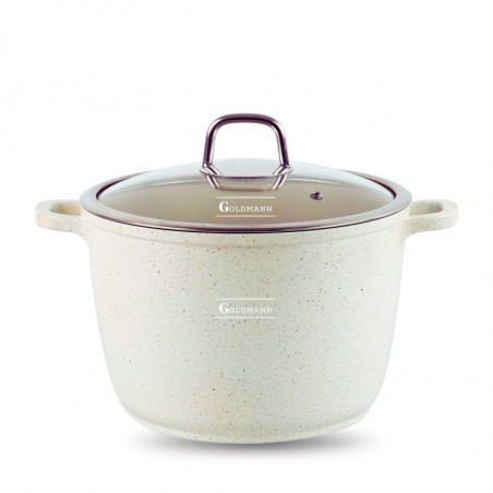 Oala adanca Goldmann GM-0624B, 24 cm, 6.2 l, Acoperire neaderenta din marmura, Capac cu deschidere, Inductie, Bej