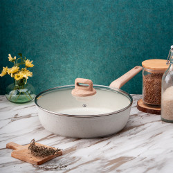 Voltz Nice OV54419E24CD Deep Frying Pan with Lid, 24x6.3 cm, Marble Finish, Induction Compatible, Cream Melange