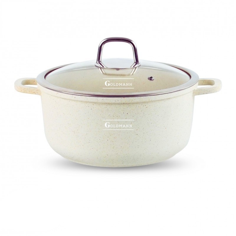Cratita Goldmann GM-0324B, 4,5 l, 24 cm, Acoperire neaderenta din marmura, Capac sticla, Inductie, Bej