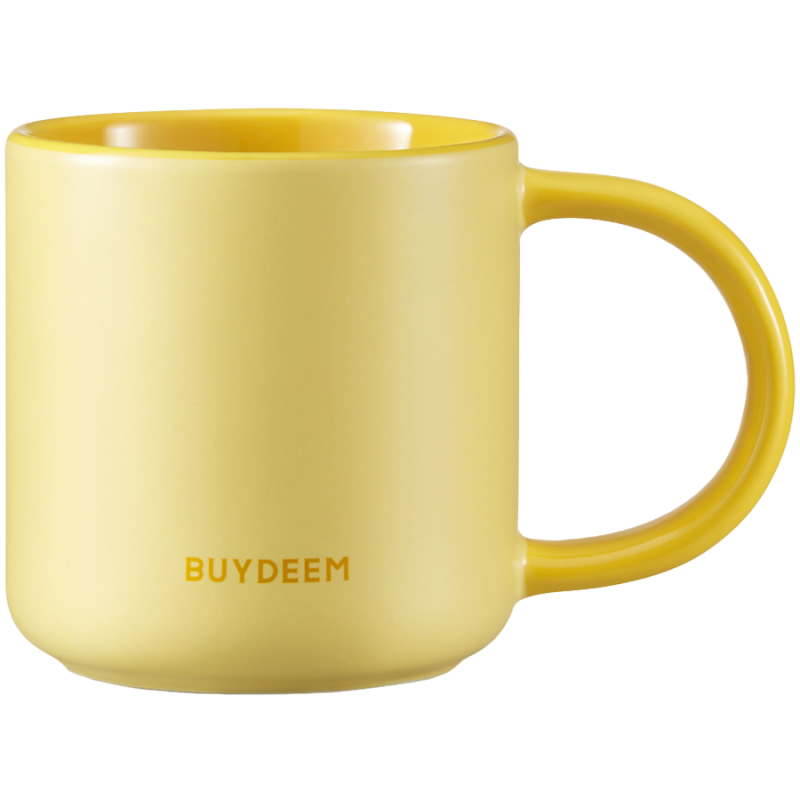 Buydeem CD1018-MY Ceramic Tea and Coffee Cup, 350 ml, Flat Bottom, Internal Measurement Scale, High-Temperature Ceramic, Yellow