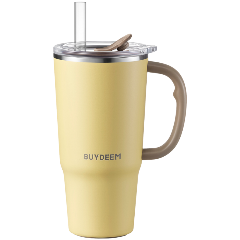 Buydeem DS57-MY Insulated Cup with Built-in Straw, 700 ml, Keeps drinks hot or cold for up to 6 hours, Vacuum insulation, Handle, Stainless steel, BPA-free, Yellow