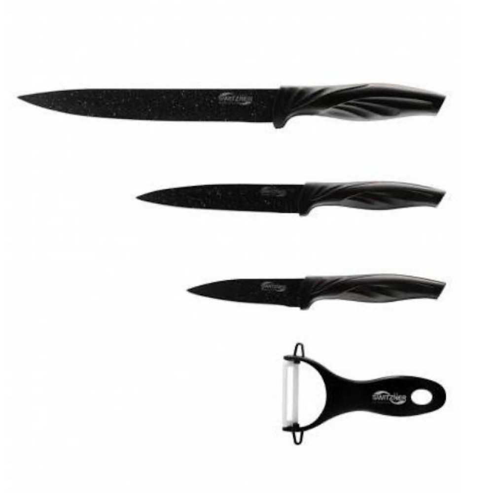 Комплект ножове и белачка Switzňer SW-5555-BLK, 4 части, Белачка, Керамично покритие, Лазерно заточване, Неръждаема стомана, Черен