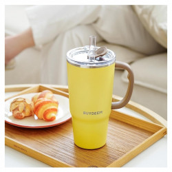 Pahar termo cu pai incorporat Buydeem DS57-MY, 700 ml, Cald/rece pana la 6 ore, Vid, Maner, Otel inoxidabil, Fara BPA, Galben