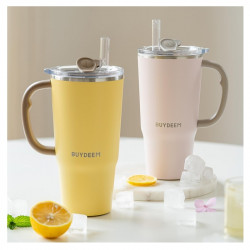Buydeem DS57-MY Insulated Cup with Built-in Straw, 700 ml, Keeps drinks hot or cold for up to 6 hours, Vacuum insulation, Handle, Stainless steel, BPA-free, Yellow
