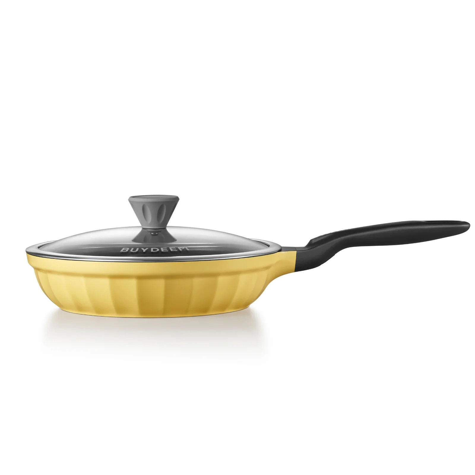 Tigaie BUYDEEM CP151, 25 cm, Capac din sticla, Aluminiu turnat, Fara PFOA, Acoperire antiaderenta, Galben