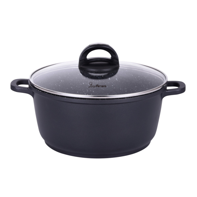 Cratiță Luigi Ferrero Hanna FR-245M 24x11.5 cm, 4.4 l, finisaj marmură, capac din sticlă cu gaură pentru abur, inducție, negru