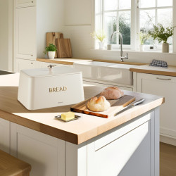 Cutie de paine Kinghoff KH-1950, 35 cm, Corp metalic, Capac din bambus, Bej/Auriu