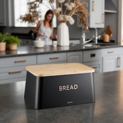 Kenyértartó doboz vágófedéllel KH-1948, 35 cm, Bambusz, acél, fekete