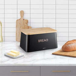 Kenyértartó doboz vágófedéllel KH-1948, 35 cm, Bambusz, acél, fekete