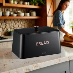 Кутия за хляб Kinghoff KH-1949, 35 см, Метално тяло, Бамбуков капак, Черен/златист