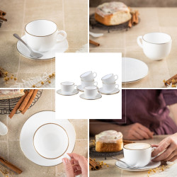 Csésze és csészealj készlet Klausberg KH 1929, 12 db, 210 ml, Opál, Fehér/arany